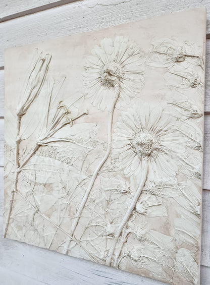 Plaster Botanical Bas Relief Artwork - Gerber Daisy Light