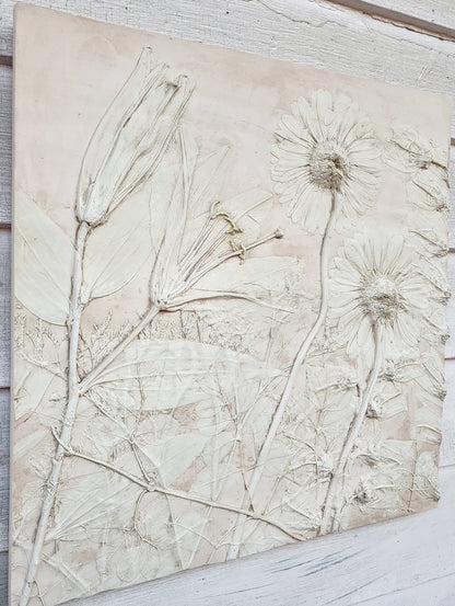 Plaster Botanical Bas Relief Artwork - Gerber Daisy Light