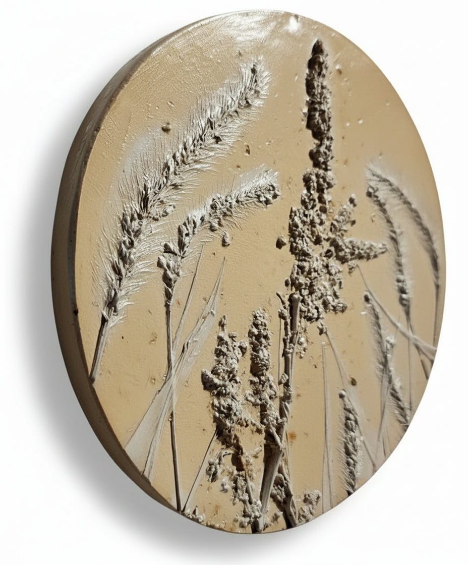 Round plaster cast of amaranth and foxtail seedheads tinted terracotta on a buff tinted background 