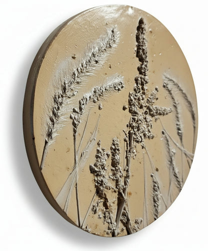 Round plaster cast of amaranth and foxtail seedheads tinted terracotta on a buff tinted background 