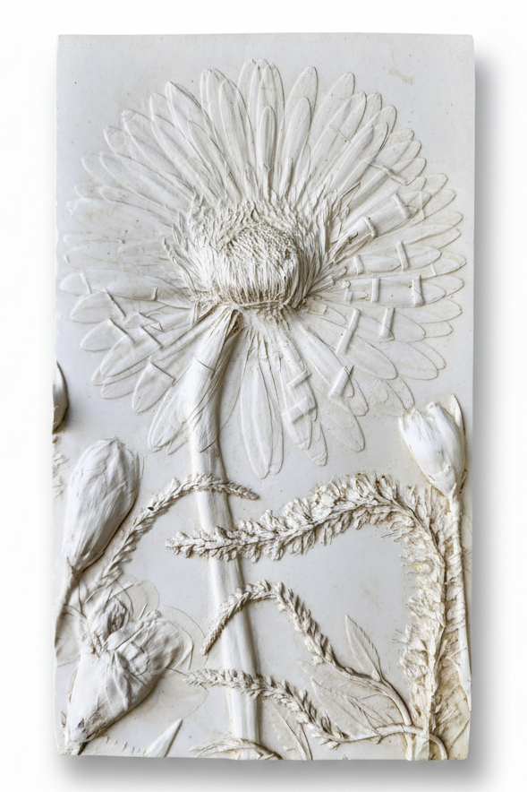 Gerber Daisy, Carnation & Veronica Plaster Botanical Bas Relief Wall Art