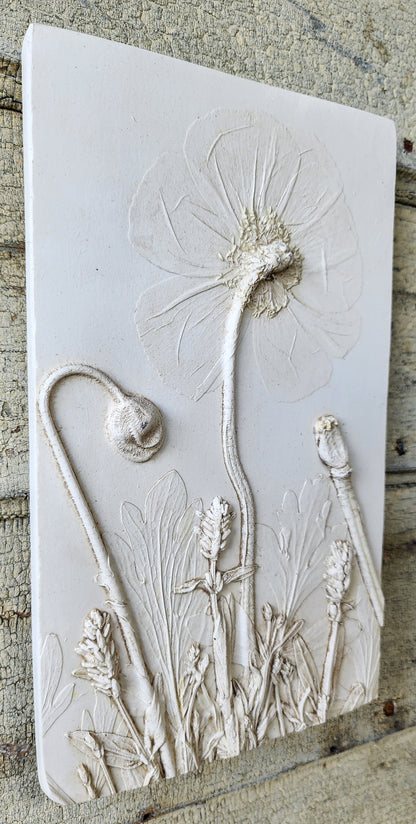 Iceland Poppy & Lavender Plaster Botanical Bas Relief Wall Art