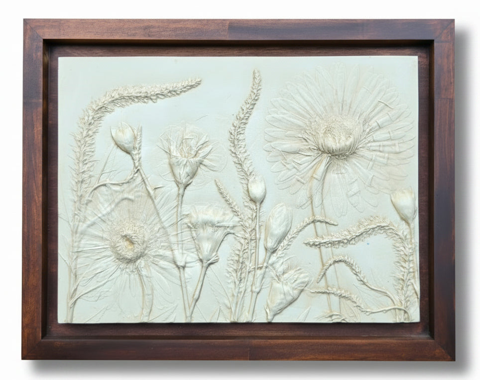 Gerber Daisy, Carnation & Veronica Plaster Botanical Bas Relief Wall Art