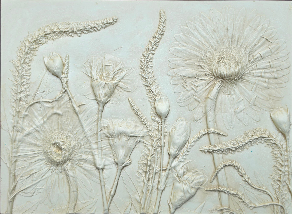 Gerber Daisy, Carnation & Veronica Plaster Botanical Bas Relief Wall Art
