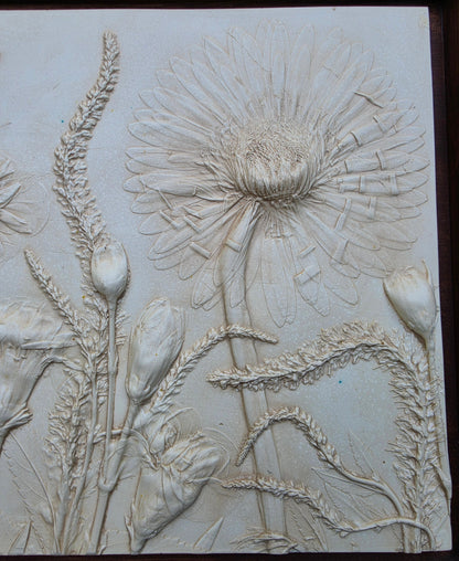 Gerber Daisy, Carnation & Veronica Plaster Botanical Bas Relief Wall Art
