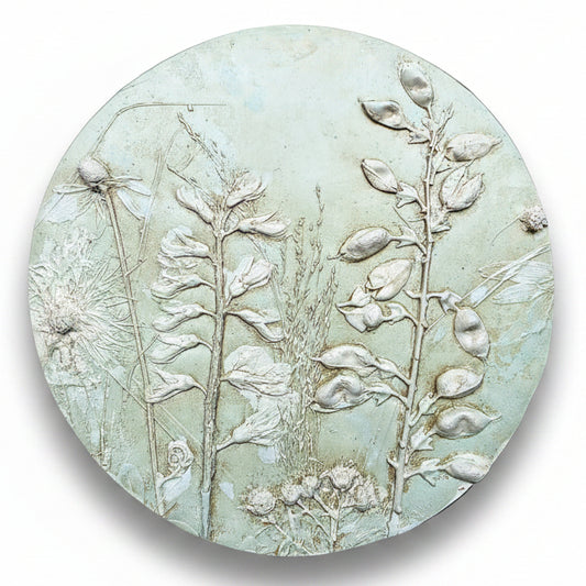 White Wild Indigo, Wild Bergamot & Gray-headed Coneflower Plaster Bas Relief Wall Art – Sage