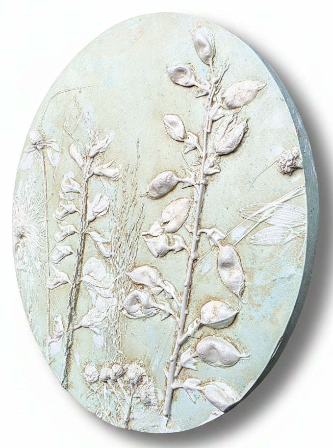 White Wild Indigo, Wild Bergamot & Gray-headed Coneflower Plaster Bas Relief Wall Art – Sage