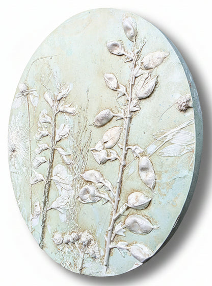 White Wild Indigo, Wild Bergamot & Gray-headed Coneflower Plaster Bas Relief Wall Art – Sage