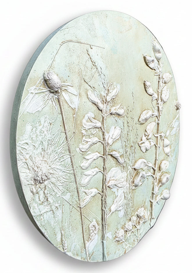 White Wild Indigo, Wild Bergamot & Gray-headed Coneflower Plaster Bas Relief Wall Art – Sage