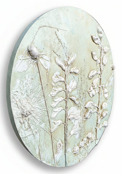 White Wild Indigo, Wild Bergamot & Gray-headed Coneflower Plaster Bas Relief Wall Art – Sage