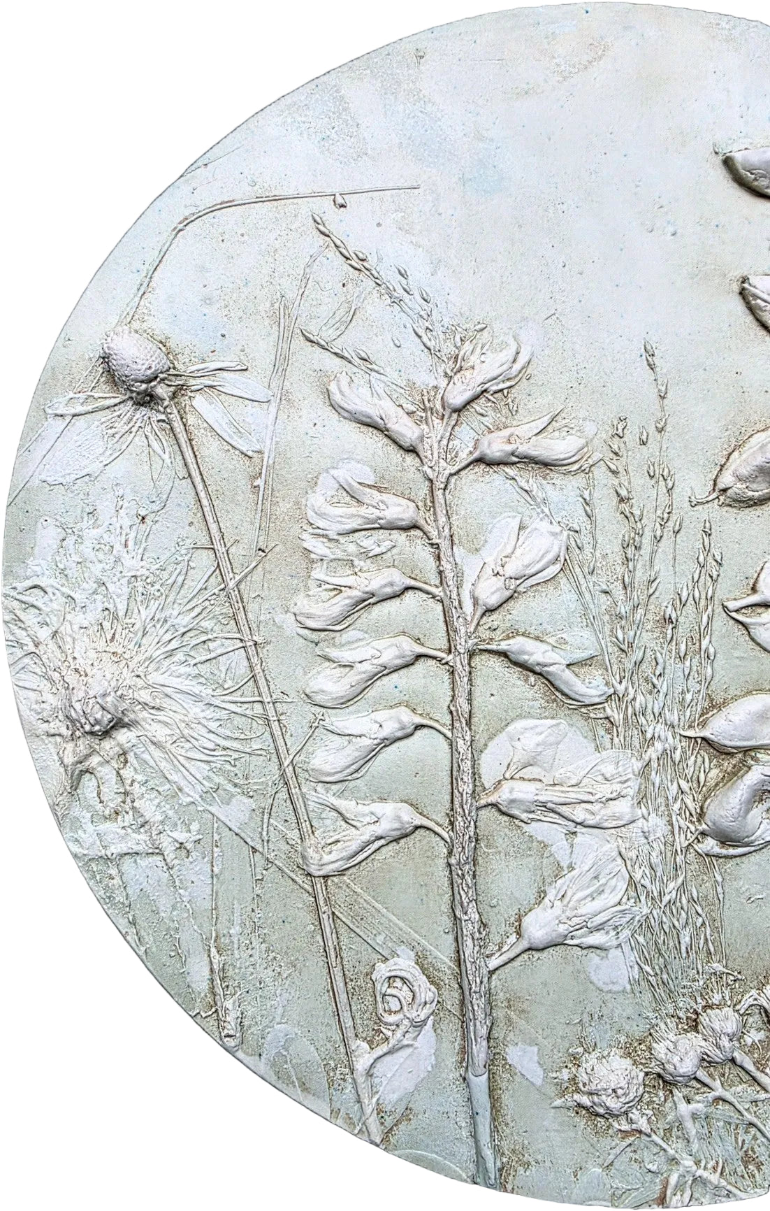 White Wild Indigo, Wild Bergamot & Gray-headed Coneflower Plaster Bas Relief Wall Art – Sage