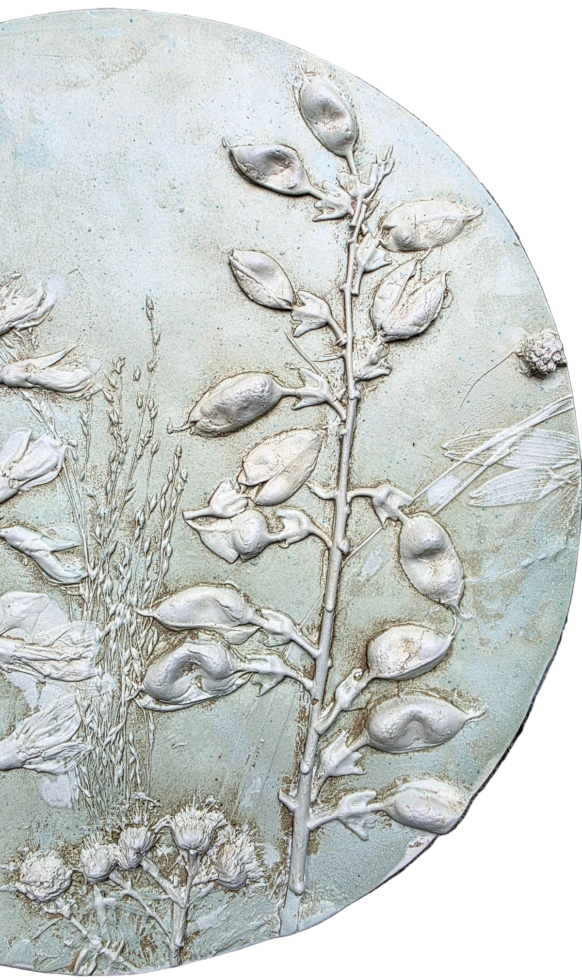 White Wild Indigo, Wild Bergamot & Gray-headed Coneflower Plaster Bas Relief Wall Art – Sage