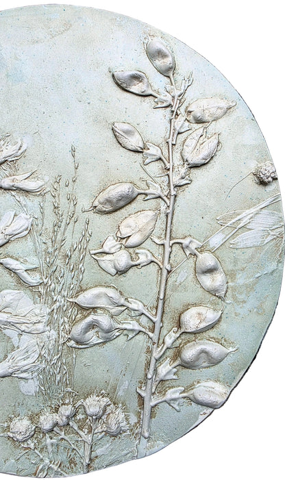 White Wild Indigo, Wild Bergamot & Gray-headed Coneflower Plaster Bas Relief Wall Art – Sage