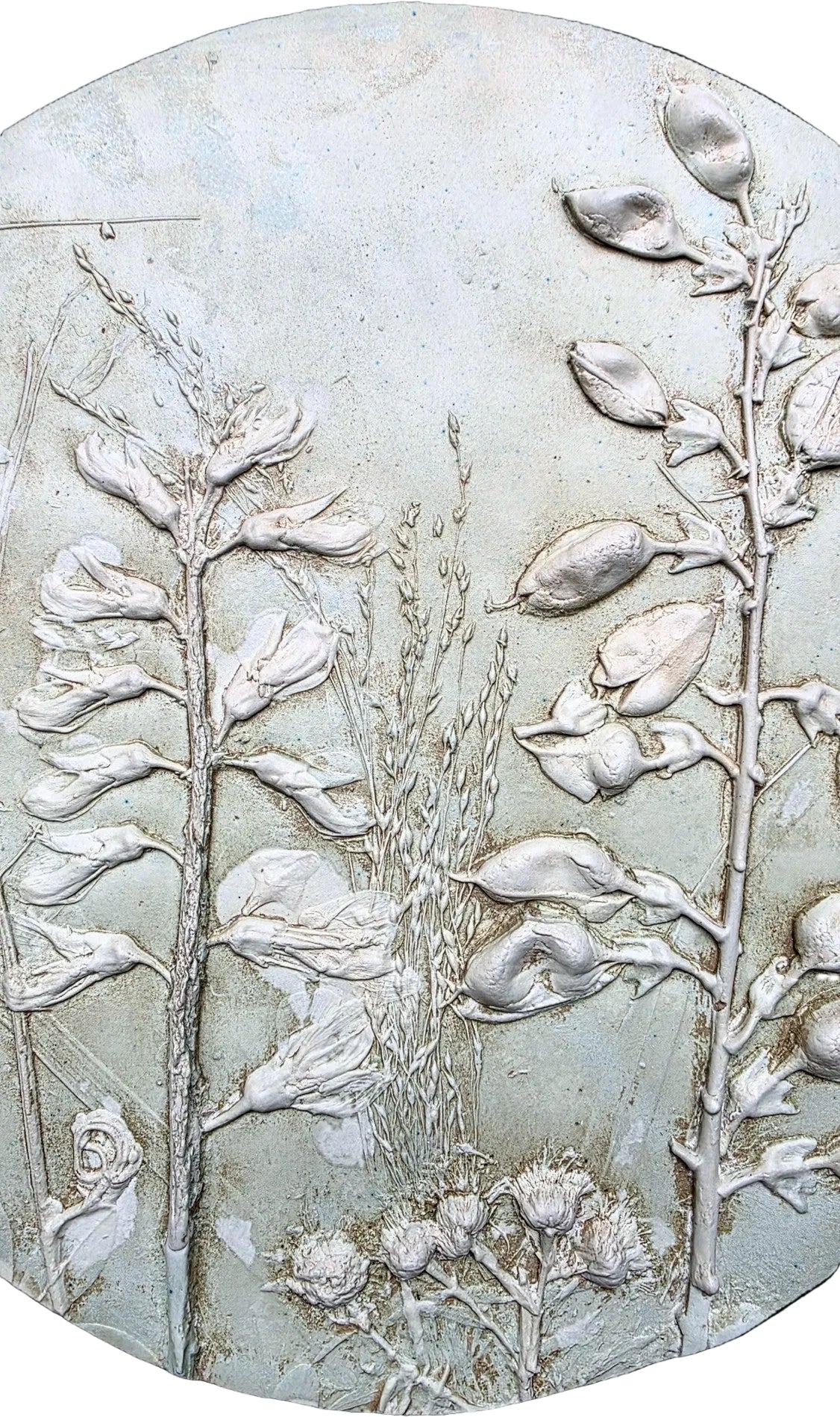 White Wild Indigo, Wild Bergamot & Gray-headed Coneflower Plaster Bas Relief Wall Art – Sage