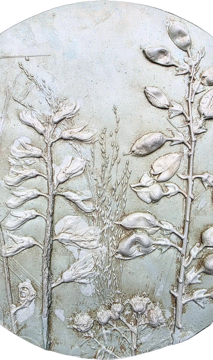 White Wild Indigo, Wild Bergamot & Gray-headed Coneflower Plaster Bas Relief Wall Art – Sage