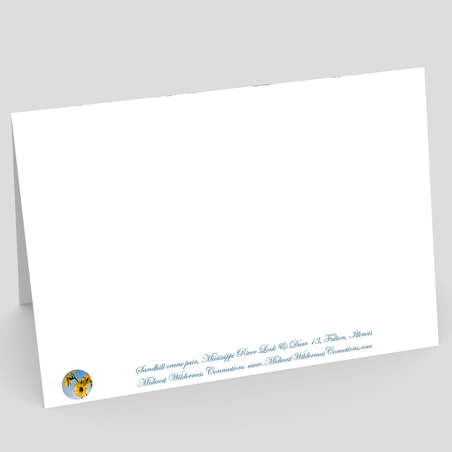 View of the backside of a White greeting card with blue text and a logo on a gray background. The text describes the photo on the front of the card and where the photo was taken.