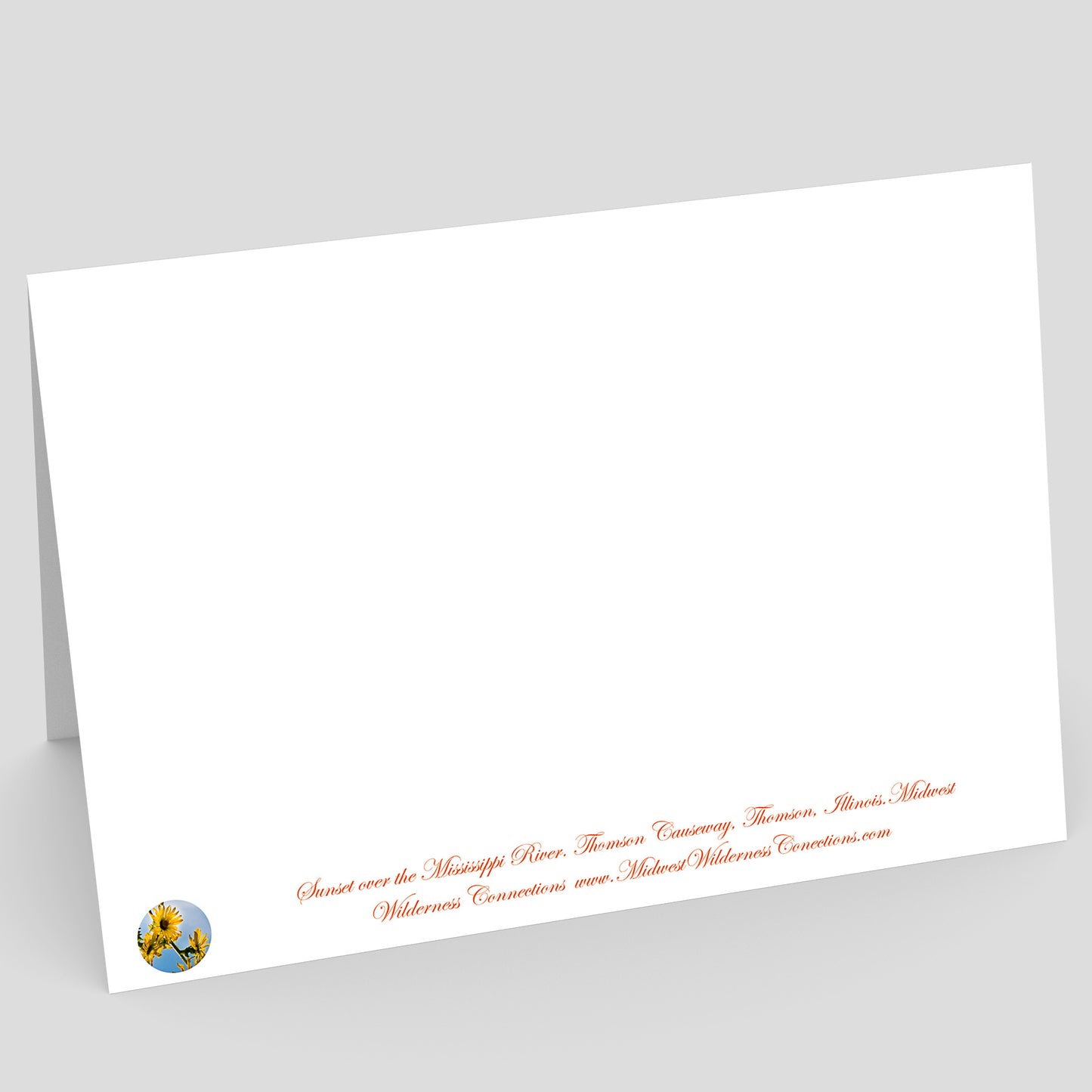 View of the backside of a White card with red text and a small logo on a gray background. the text along the bottom edge of the card describes the scene on the front and location where the photo was taken