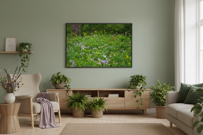 Modern living room with green walls, plants, and a nature-themed framed photo print of a field of spring blooming prairie plants in iowa