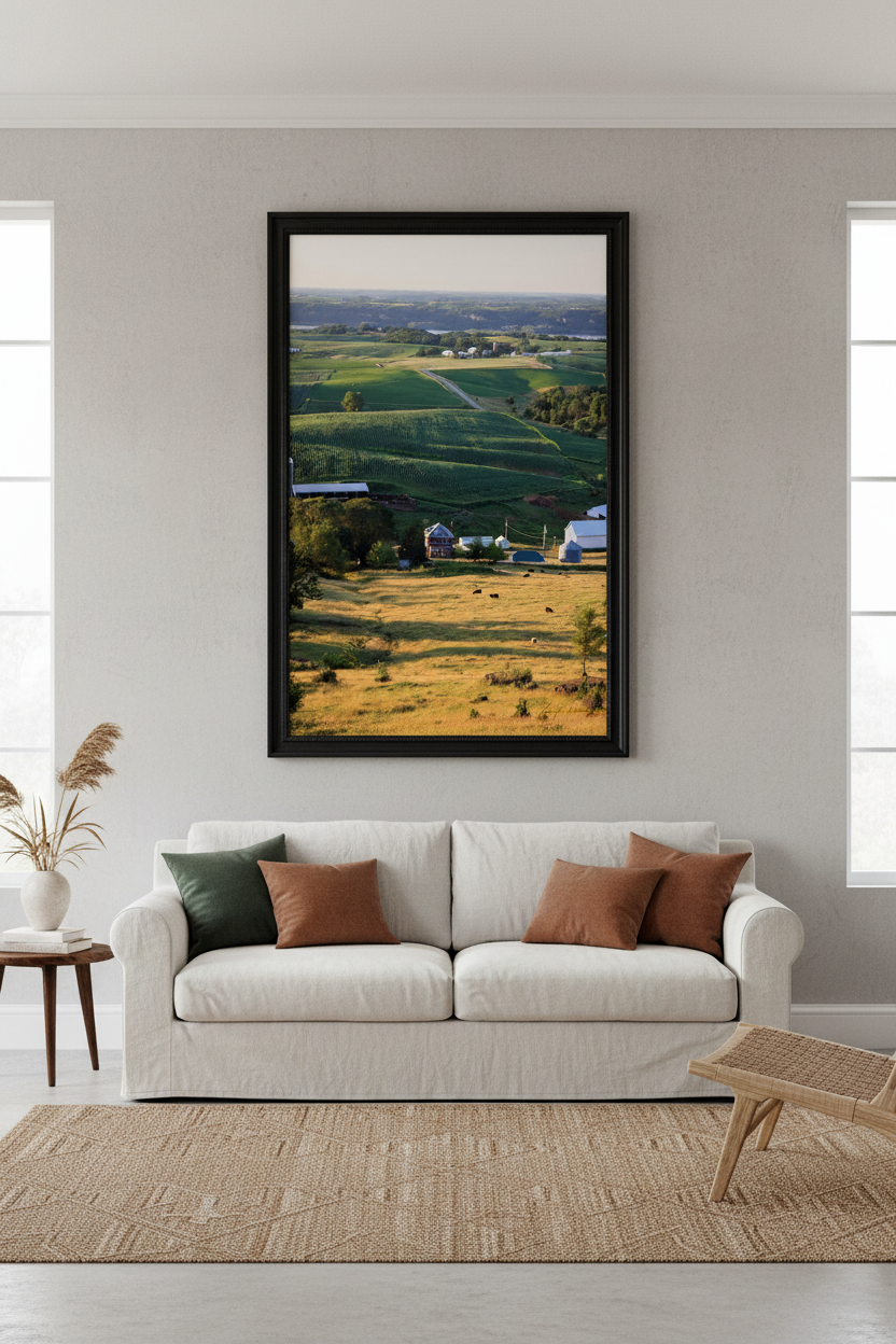 Framed landscape photo print from iowa above a white sofa in a living room.