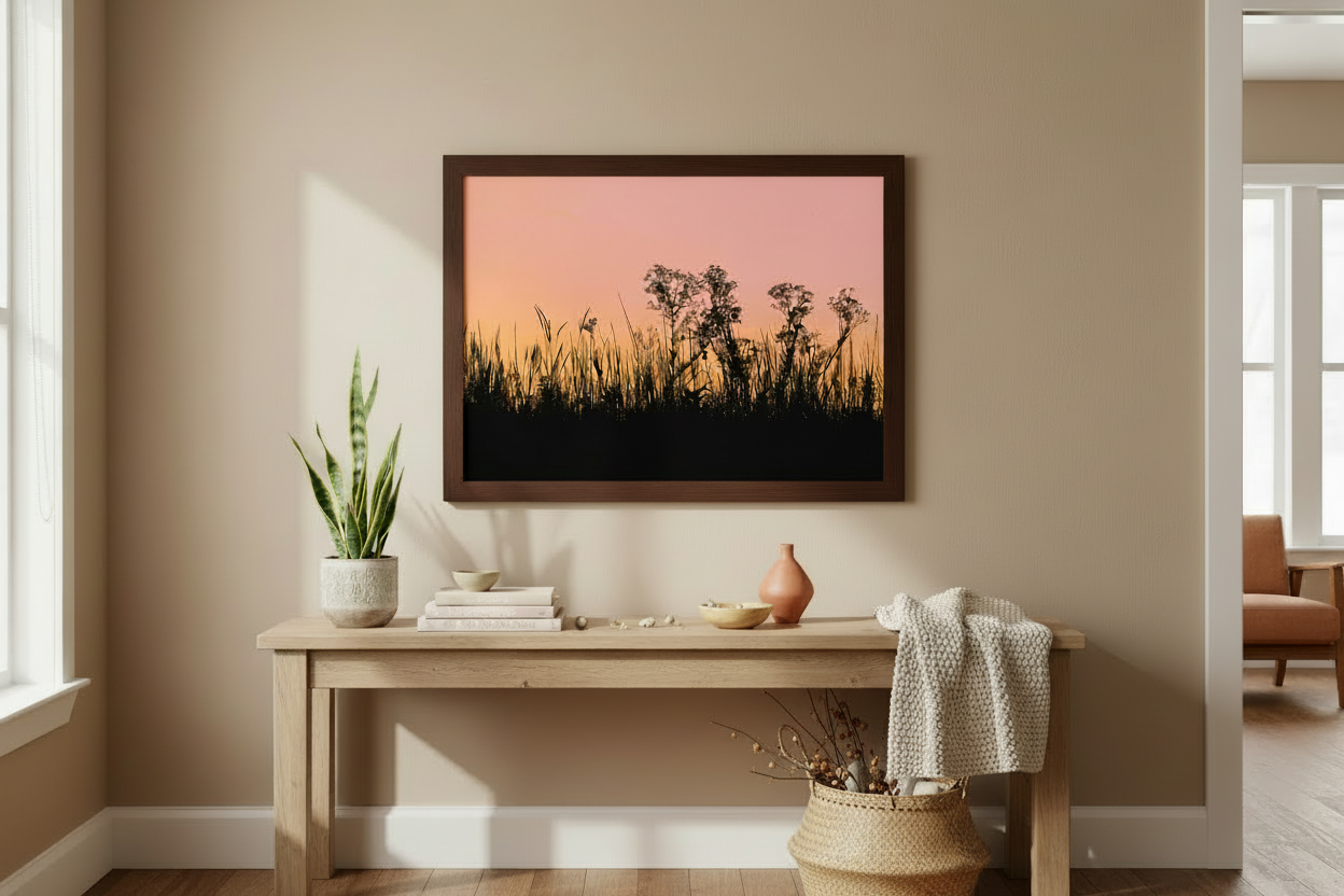 Framed artwork of a sunset over grass on a wall in a room with a wooden bench and decor items.