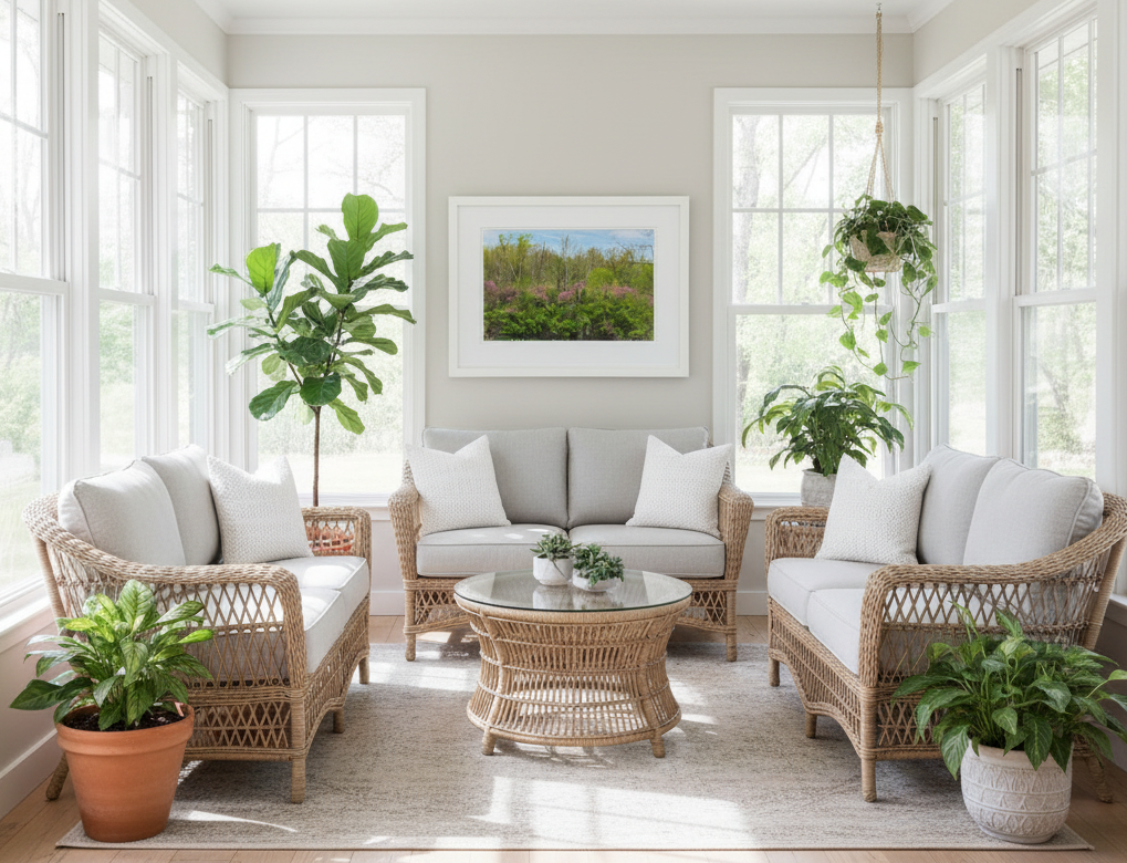 Living room with wicker furniture, white cushions, and indoor plants featuring a framed photo print of spring trees in bloom in illinois