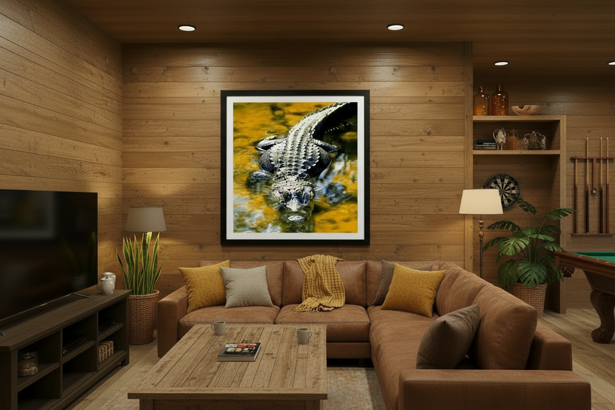 Framed photo print of an alligator hanging in a rec room