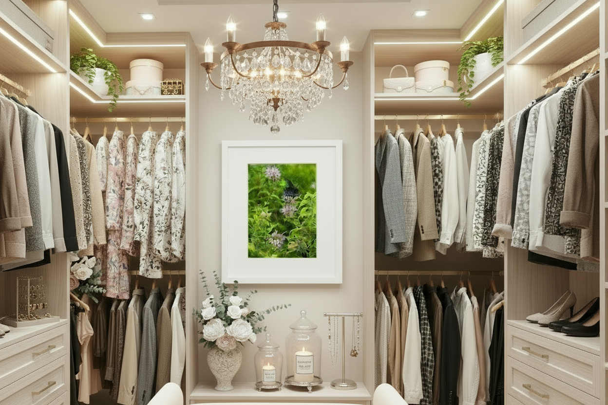 Framed photo print of a butterfly on prairie wildflowers hanging in a Luxury closet with clothing racks, a chandelier, and decorative elements.