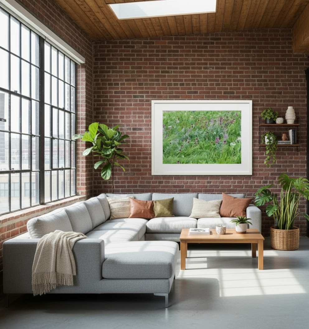 Modern living room with a gray sectional sofa, wooden coffee table, and framed picture of prairie wildflowers on a brick wall.
