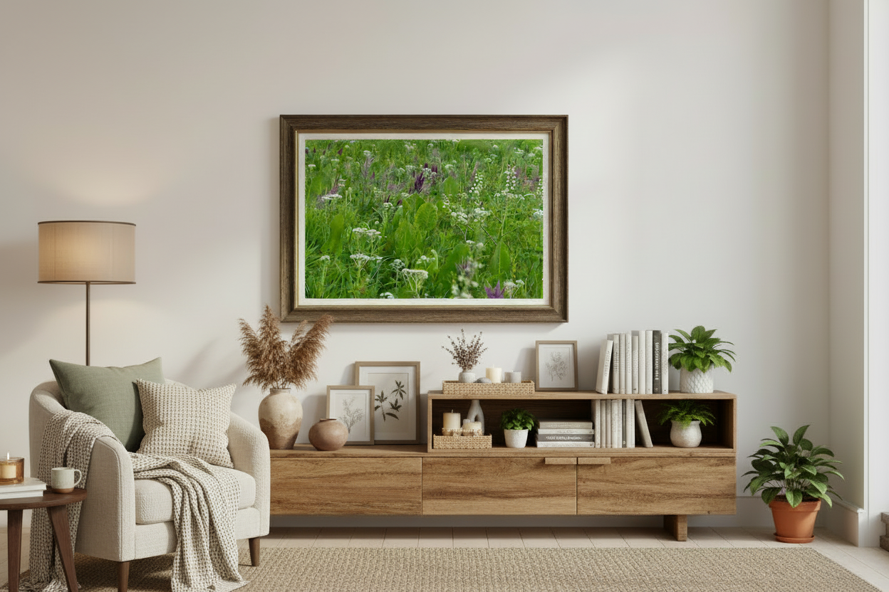 Living room with a large framed picture of prairie, a lamp, and a wooden sideboard.