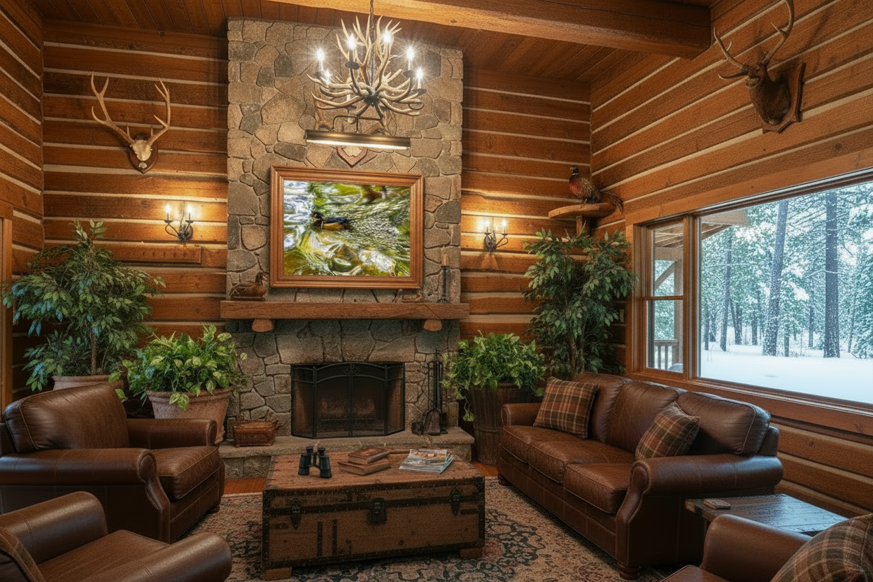 Cozy living room in a log cabin with wooden walls, fireplace, large windows showing a snowy landscape, and a framed print of a drake wood duck over te fireplace. 