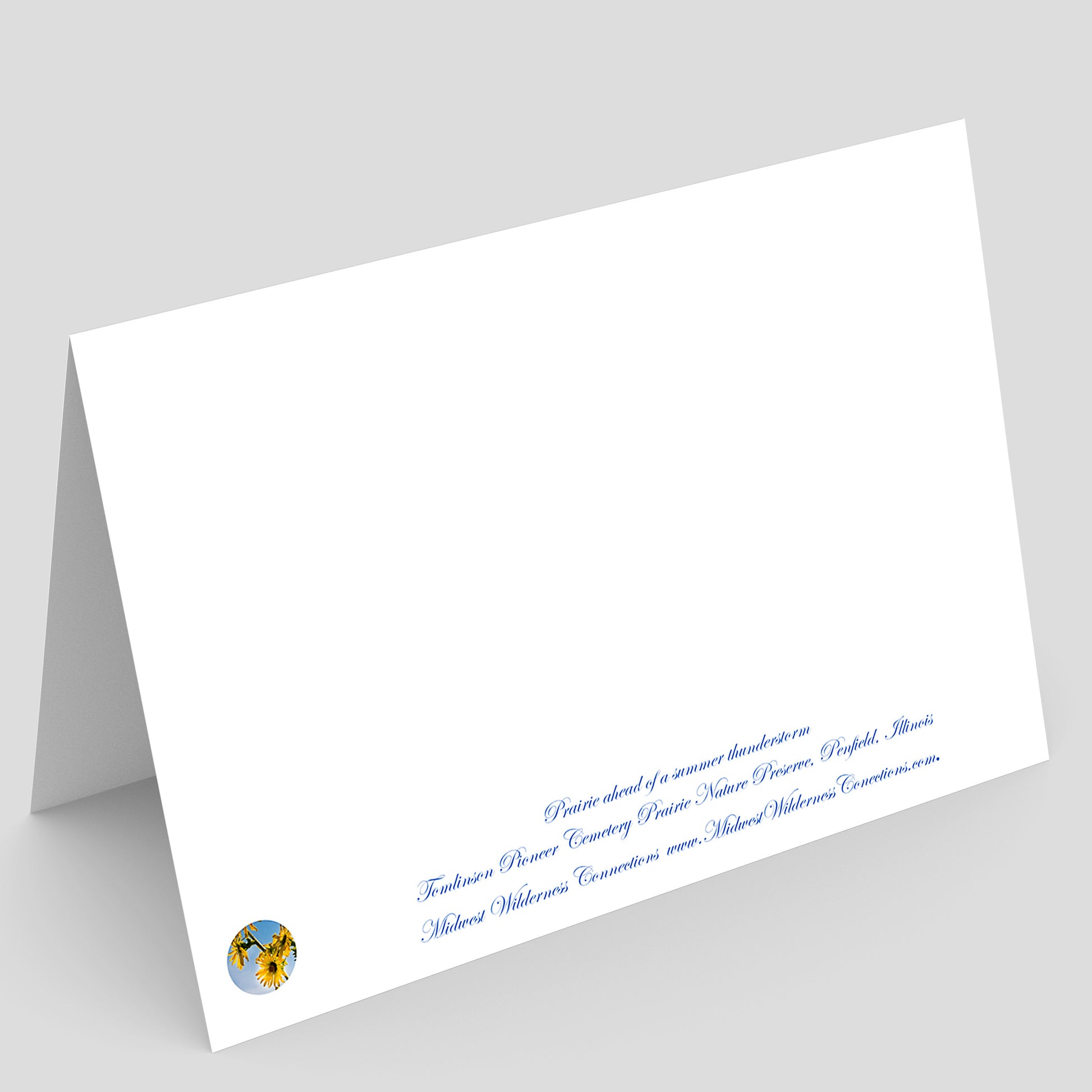 Backside of a white greeting card with blue text and a midwest wilderness connections logo on a gray background. The text describes the image on the front of the card and where the photo was taken.