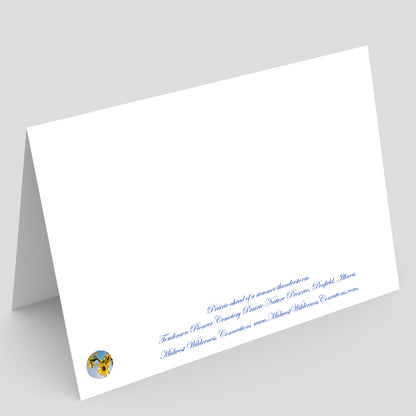 Backside of a white greeting card with blue text and a midwest wilderness connections logo on a gray background. The text describes the image on the front of the card and where the photo was taken.