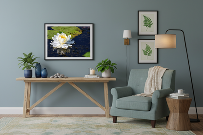 A framed photo print of white water lily hanging in a Living room with a gray armchair, wooden table, and decorative items against a gray wall.