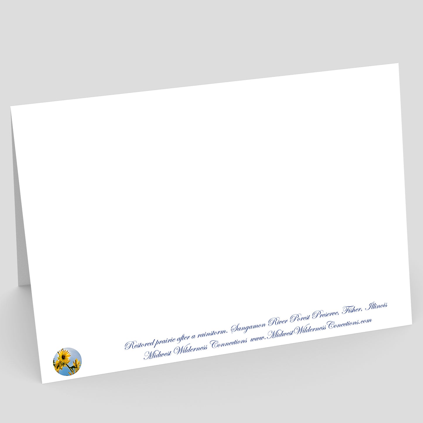 View of the backside of a White card with blue text and a logo on a gray background. The text along the bottom edge describes the image on the front of the card and where the photo was taken