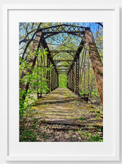 Wooden iron bridge in a forest with a clear blue sky