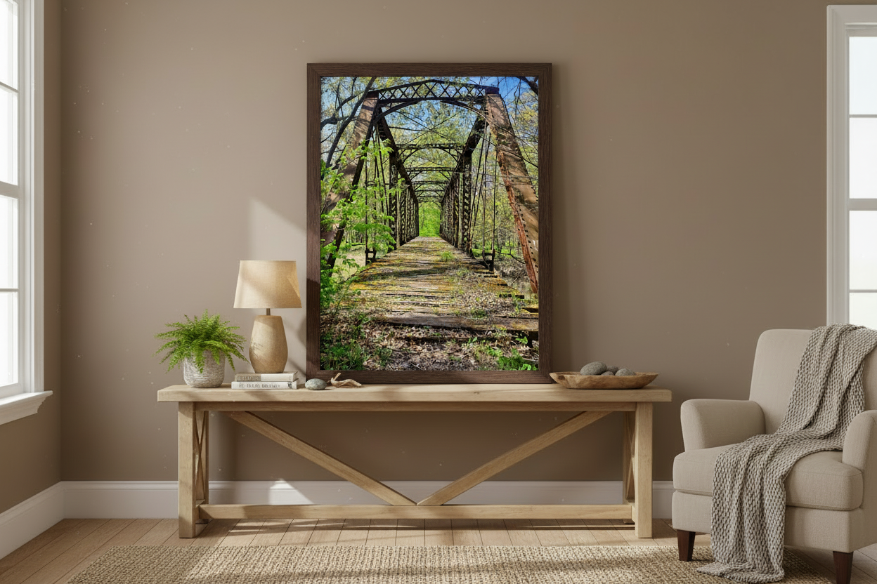 Framed Picture of a historic iron bridge in illinois , displayed in a sitting room