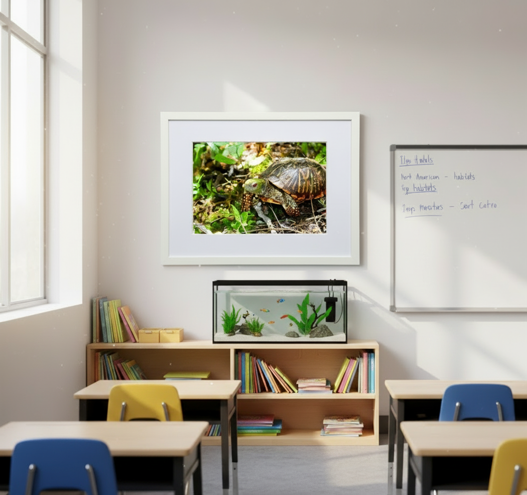 Classroom setting with desks, books, a fish tank, and a framed picture of an ornate box turtle.