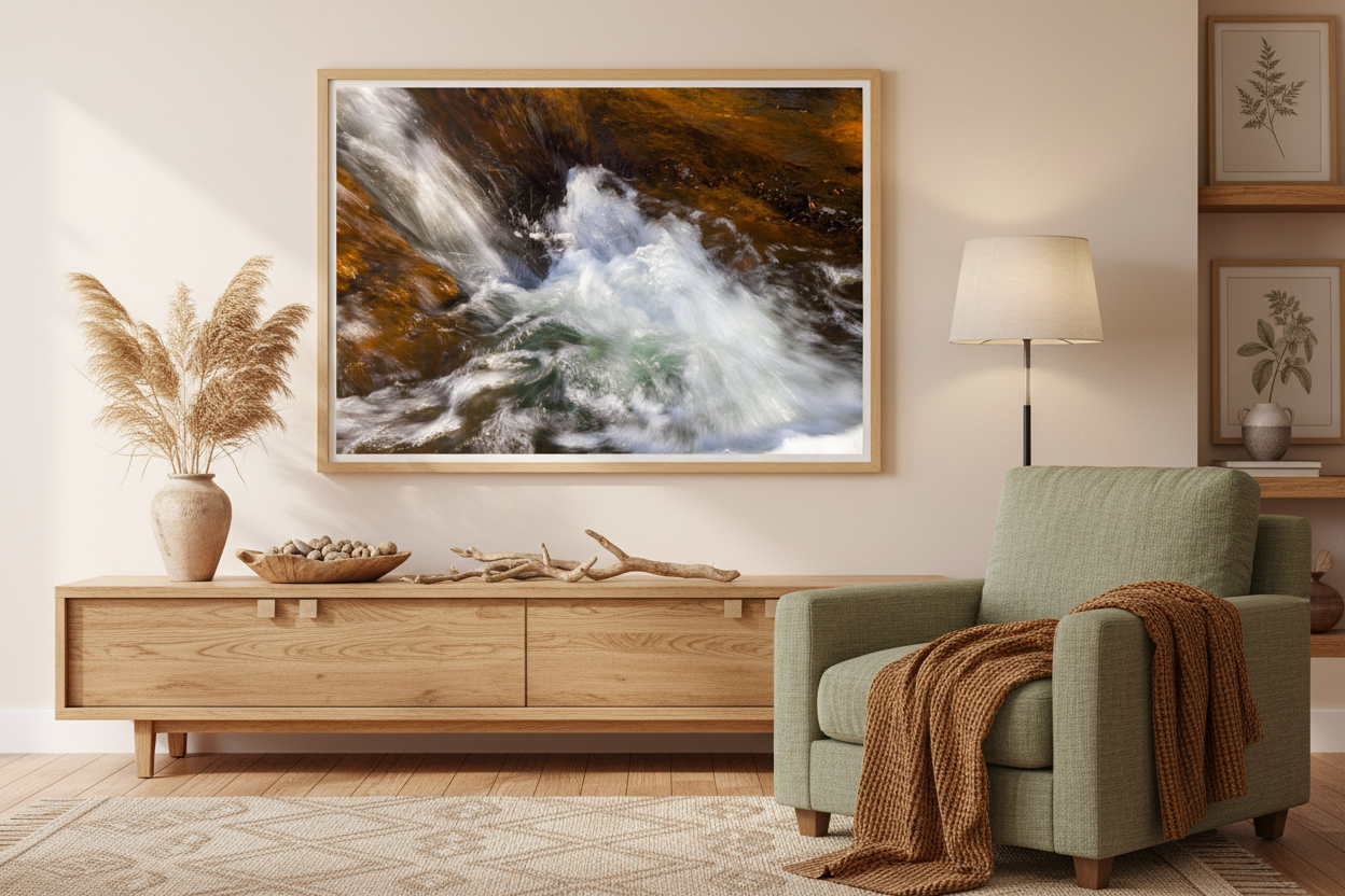 Living room with a large framed picture of a waterfall, green armchair, and wooden sideboard.