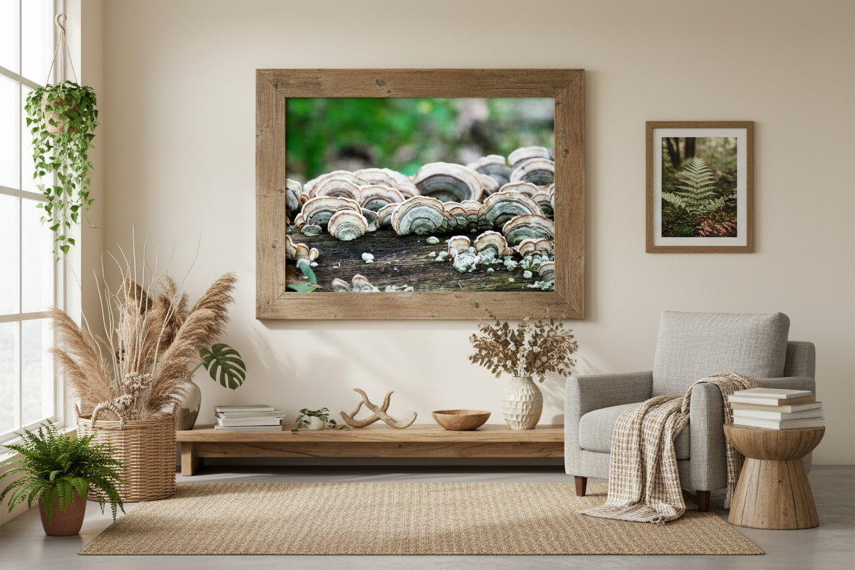 Living room with a wooden TV stand, gray armchair, and framed nature prints.