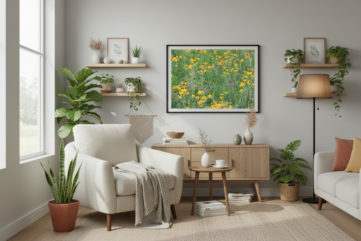 Framed photo print of iowa prairie in a Living room with a white armchair, wooden side table, and decorative plants.