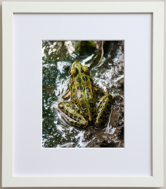 Framed photograph with a white border of a northern leopard frog in water in an iowa wetland