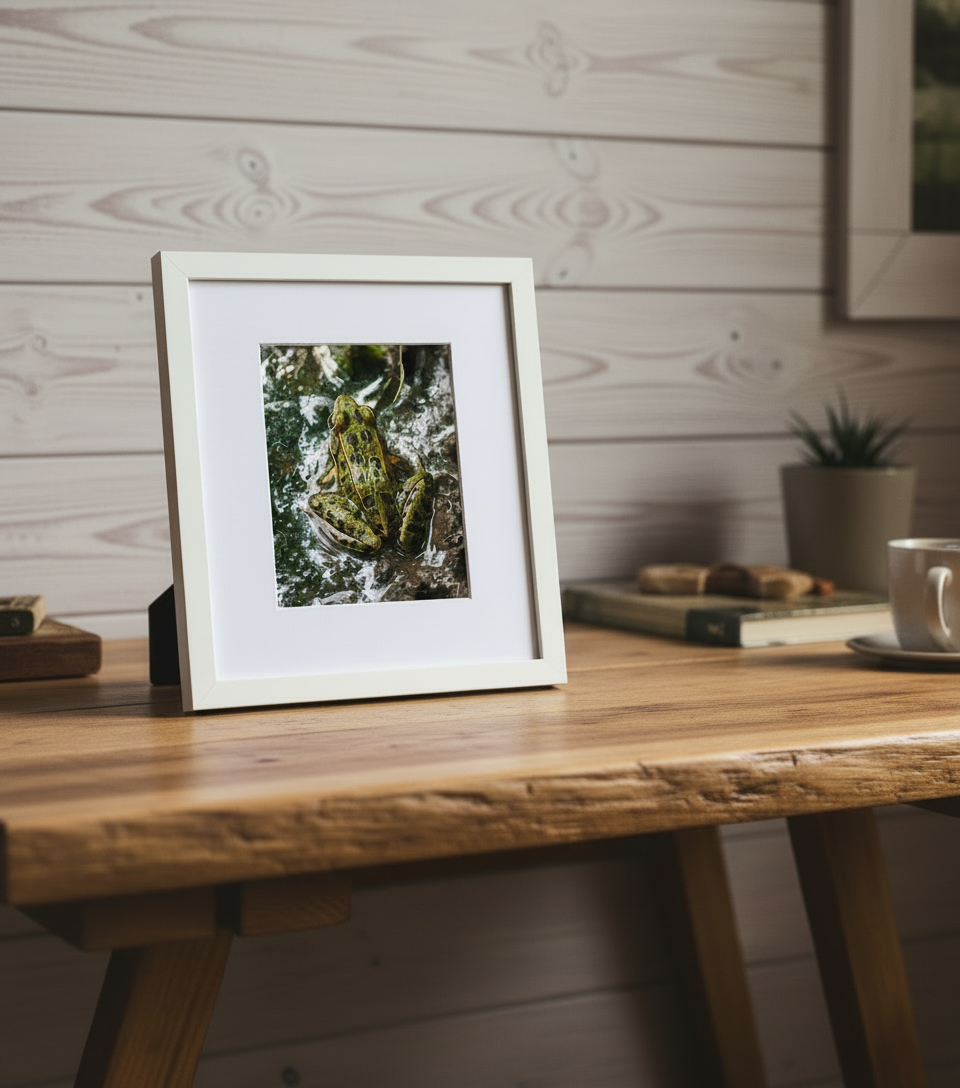 Framed photograph of a frog on a wooden table with a wooden wall background