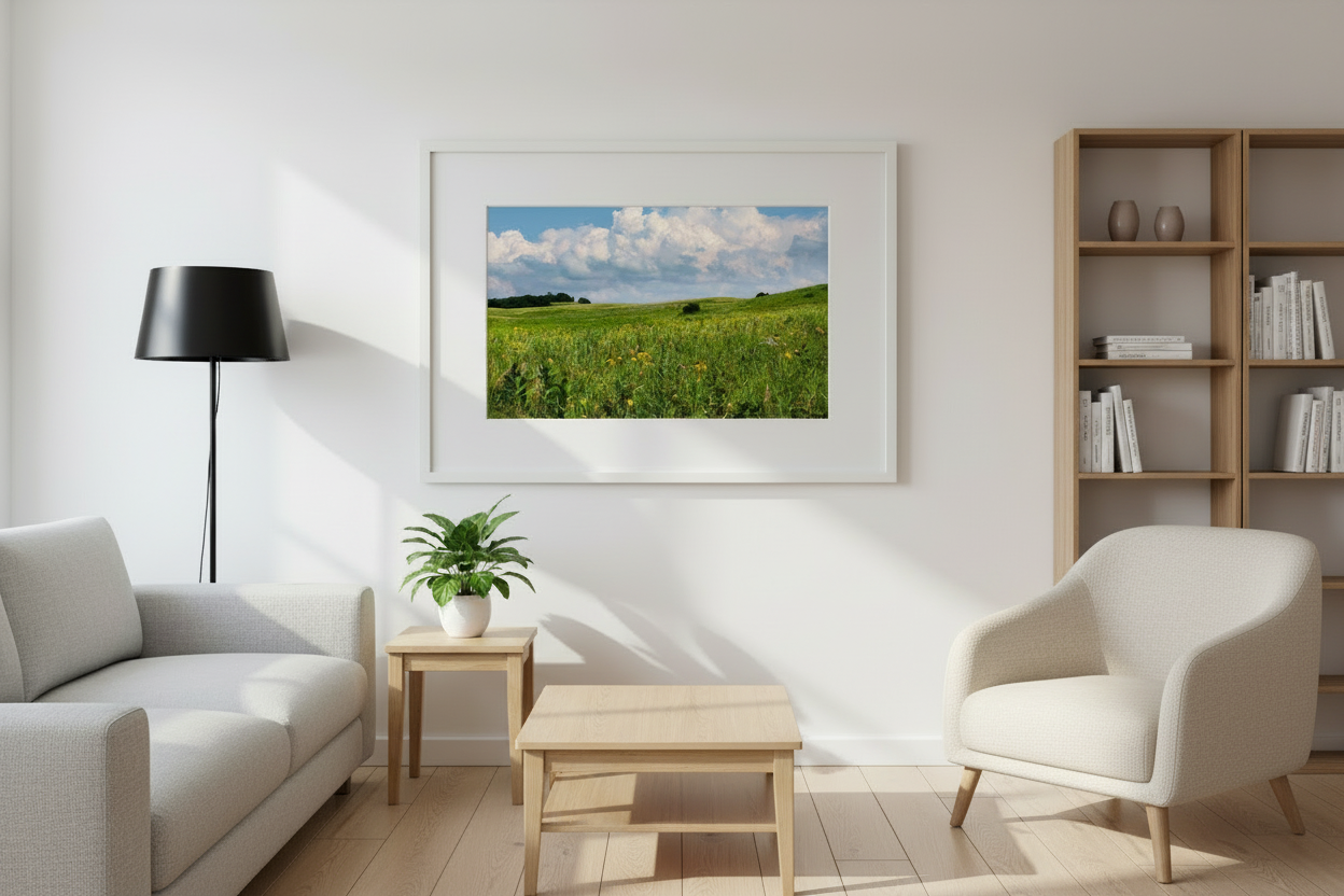 Living room with a framed picture of a prairie, lamp, sofa, chair, and coffee table.