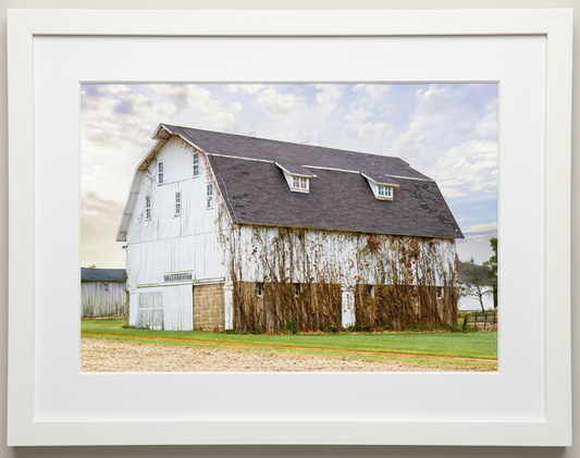 Framed photograph of a midwest white barn with a gray roof against a blue sky in illinois 