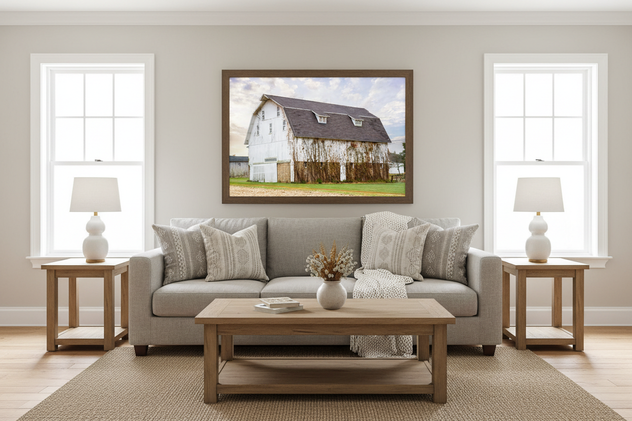 Living room with a gray sofa, wooden coffee table, and framed picture of a barn on the wall.