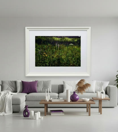 Framed nature print of an iowa prairie above a gray sofa in a living room.