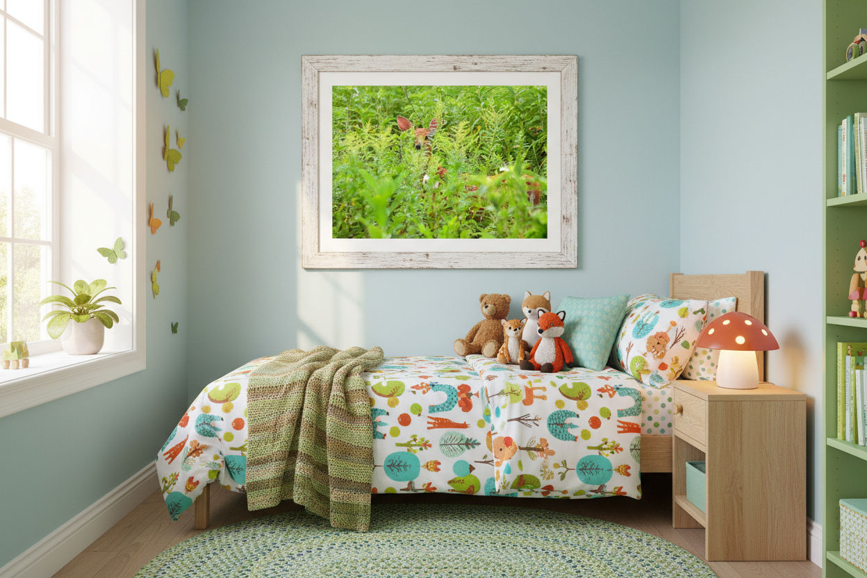 Children's bedroom with colorful bedding, toys, and a picture on the wall of a deer fan peeking through prairie plants in iowa