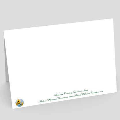 View of the backside of a White envelope with green text and a logo on a gray background. The text along the bottom edge describes the photo on the front of the card and where it was taken.