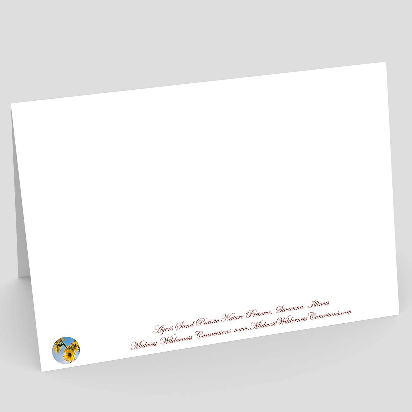 Backside view of a white card with red text and a logo on a gray background. The text at the bottom of the back explains what the scene of the card is of and where the photo was taken.