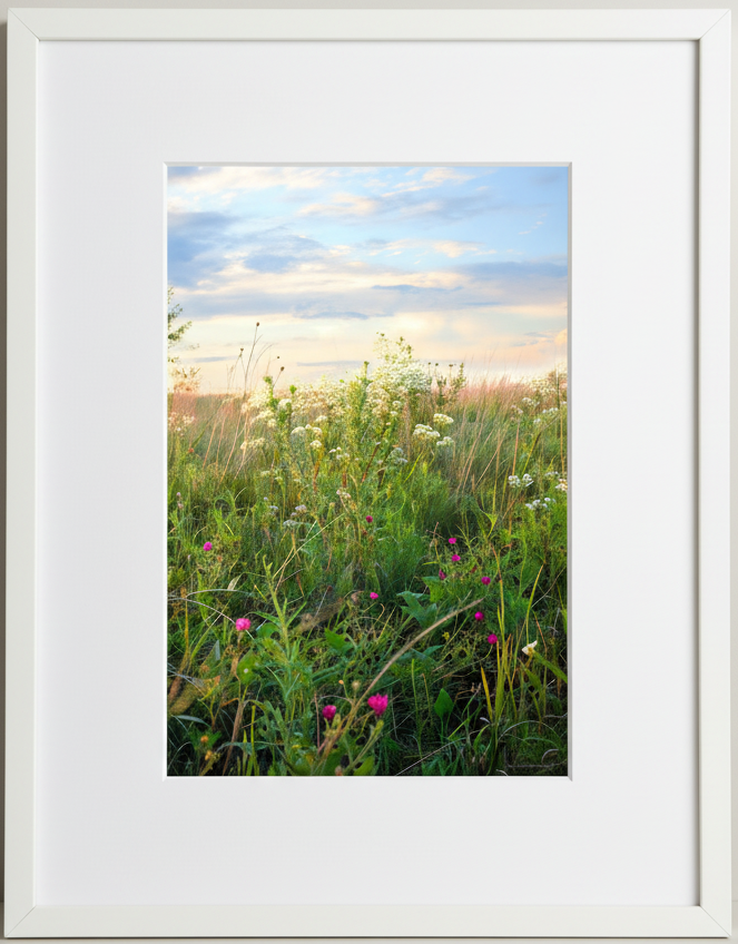 Framed photograph of a prairie with wildflowers and a blue sky.